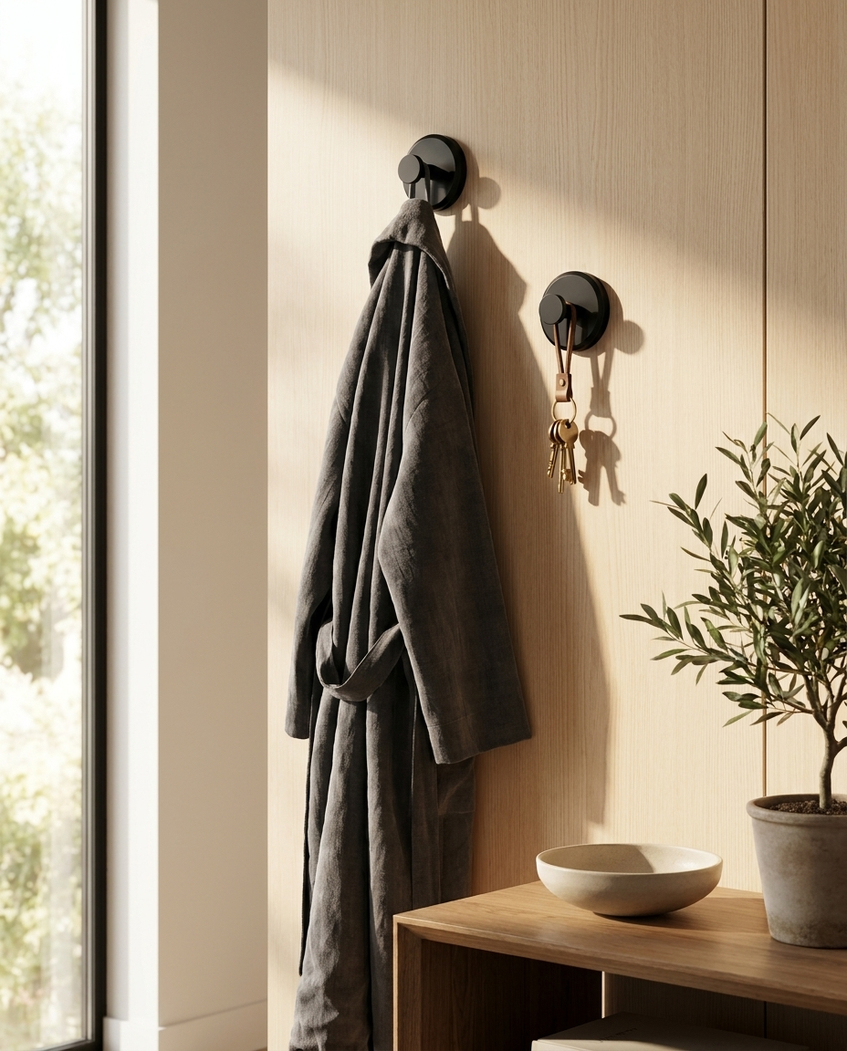 Suction wall hooks holding a robe and keys in a modern entryway