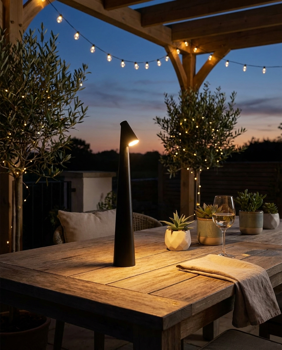 Nordic minimalist wireless LED table lamp glowing on an outdoor patio table