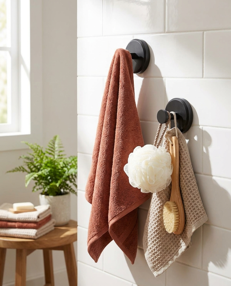 No-drill suction wall hooks holding towels in a modern bathroom