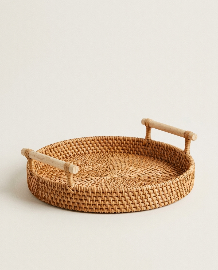 Natural rattan storage tray on a clean light neutral studio background