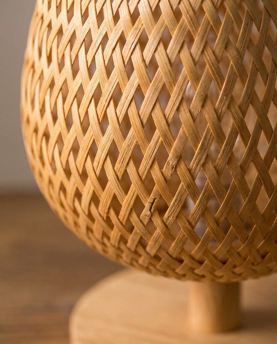 Close-up of handwoven bamboo and rattan texture of a vintage-style table lamp
