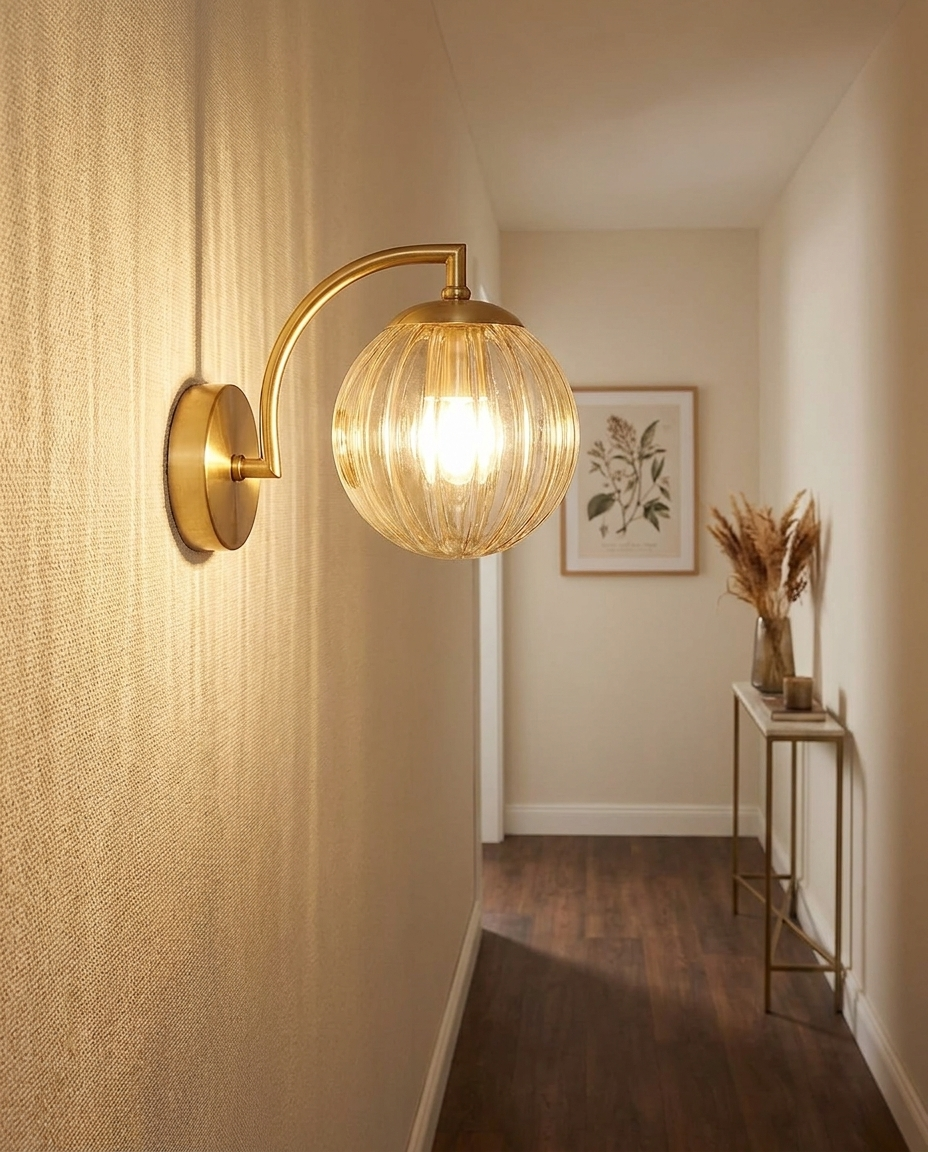 Elegant gold-finish wall sconce with ribbed glass globe in a cozy hallway