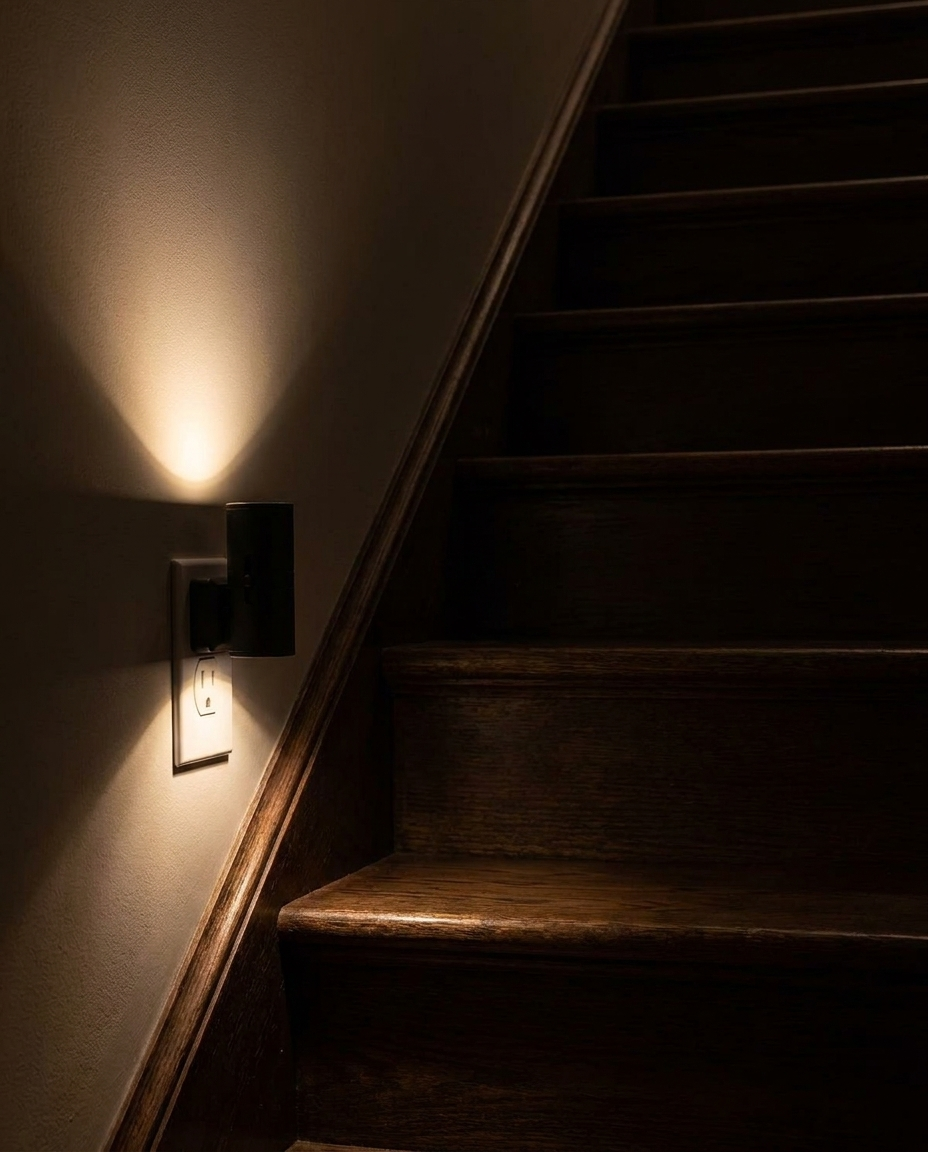 Plug-in LED night light glowing near a staircase