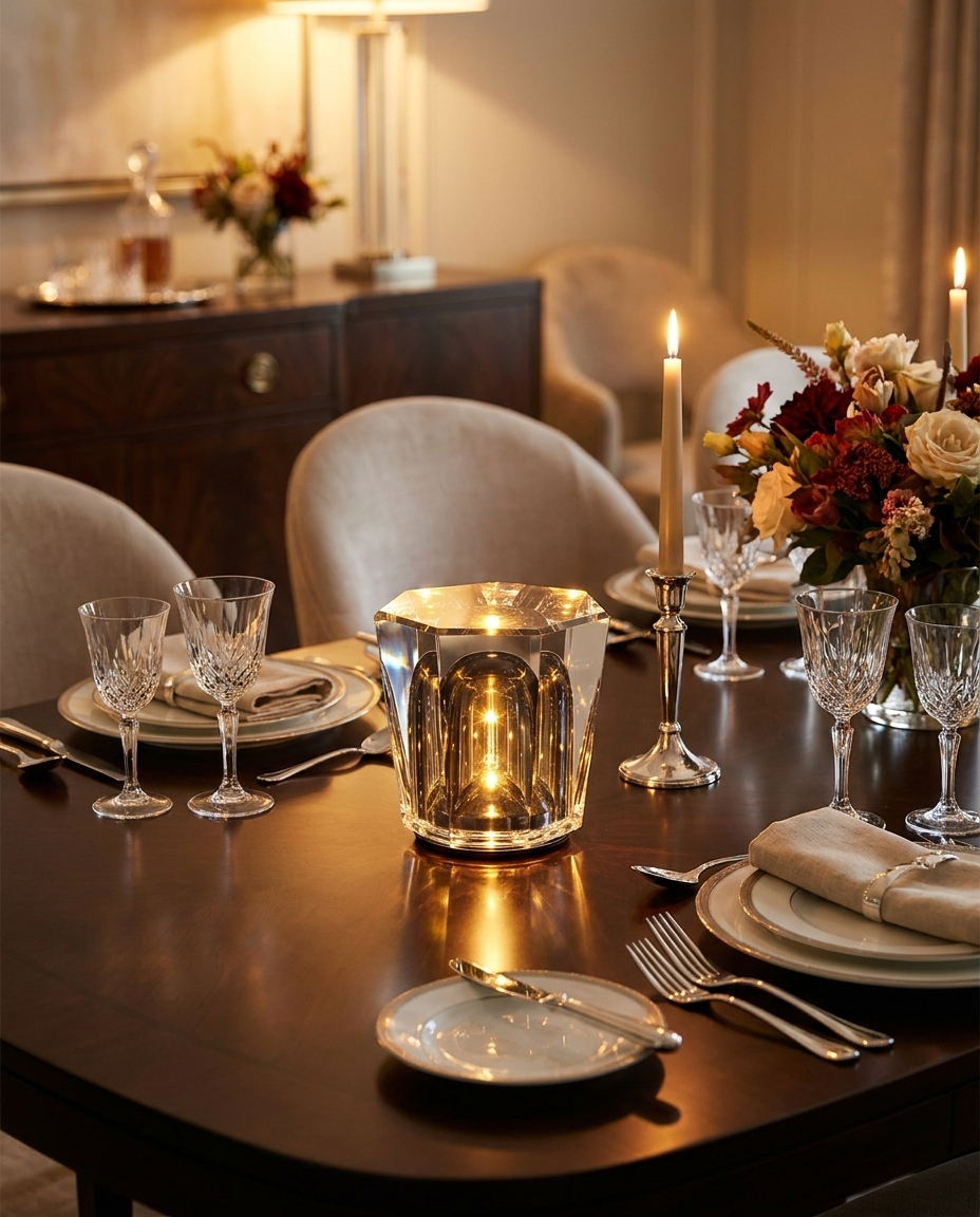Iron and crystal table lamp glowing on a dining table set for dinner