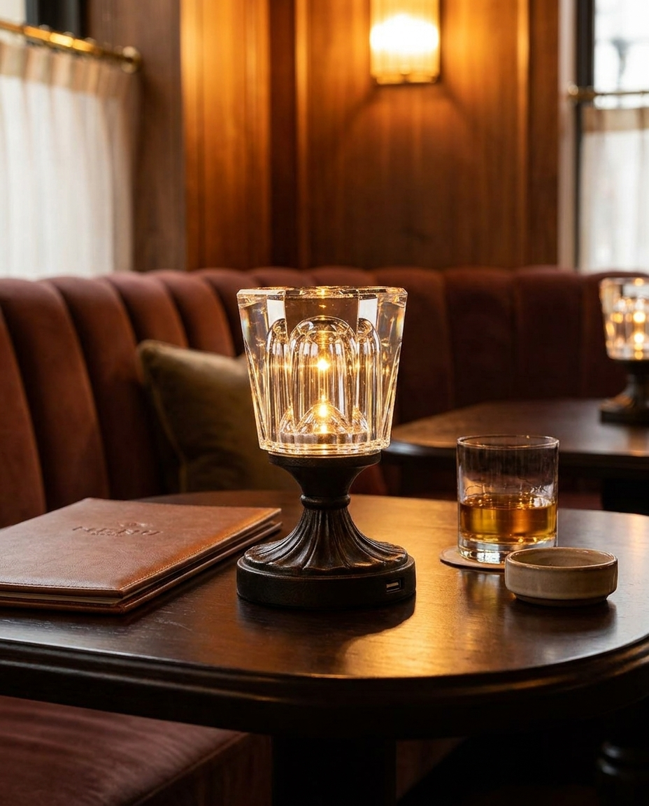 Elegant iron and crystal table lamp with USB charging on a restaurant table