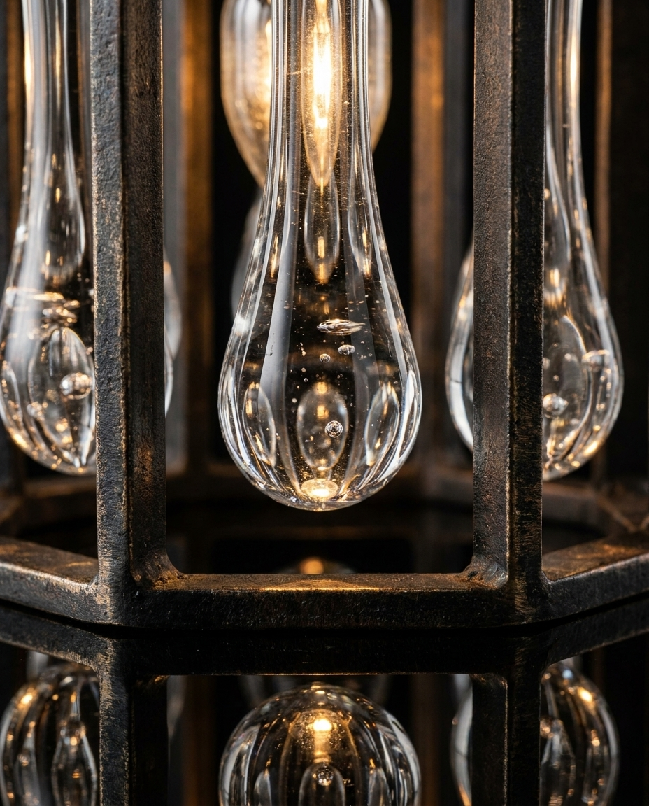 Close-up of crystal droplet and iron frame texture