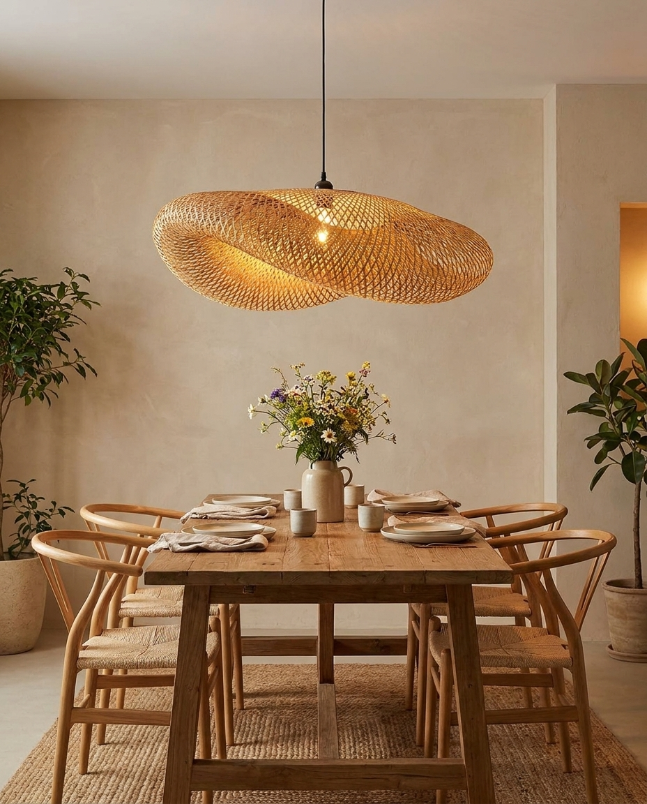 Handcrafted rattan pendant light with warm glow hanging over a dining table