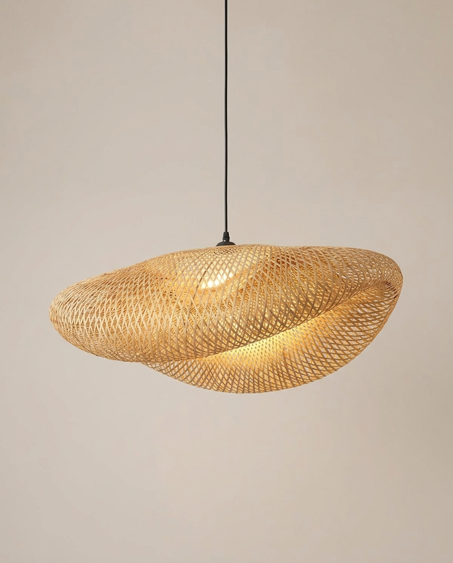 Handcrafted rattan pendant light on a clean light neutral studio background