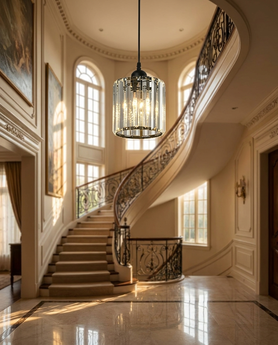 K9 crystal pendant light hanging in a grand foyer