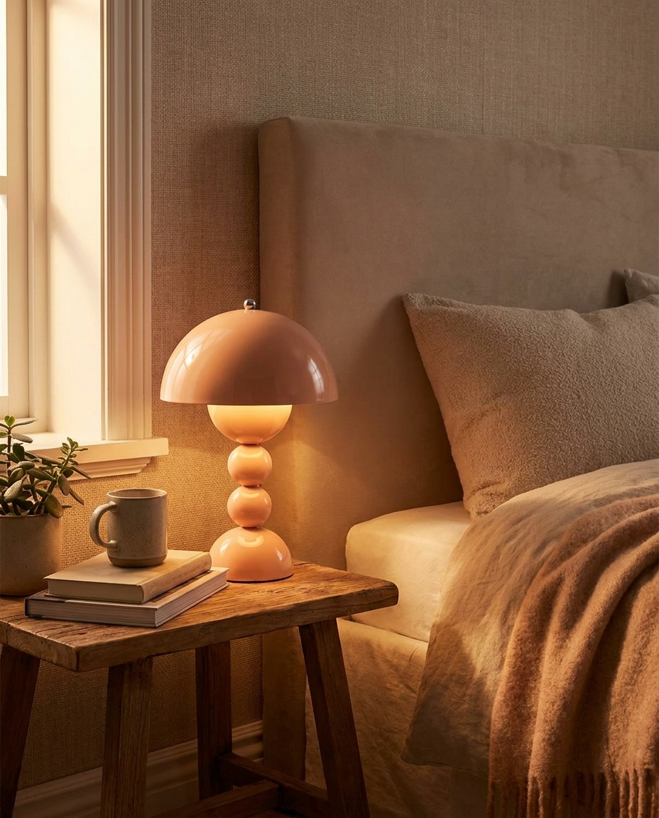 Cordless portable table lamp glowing on a bedside table