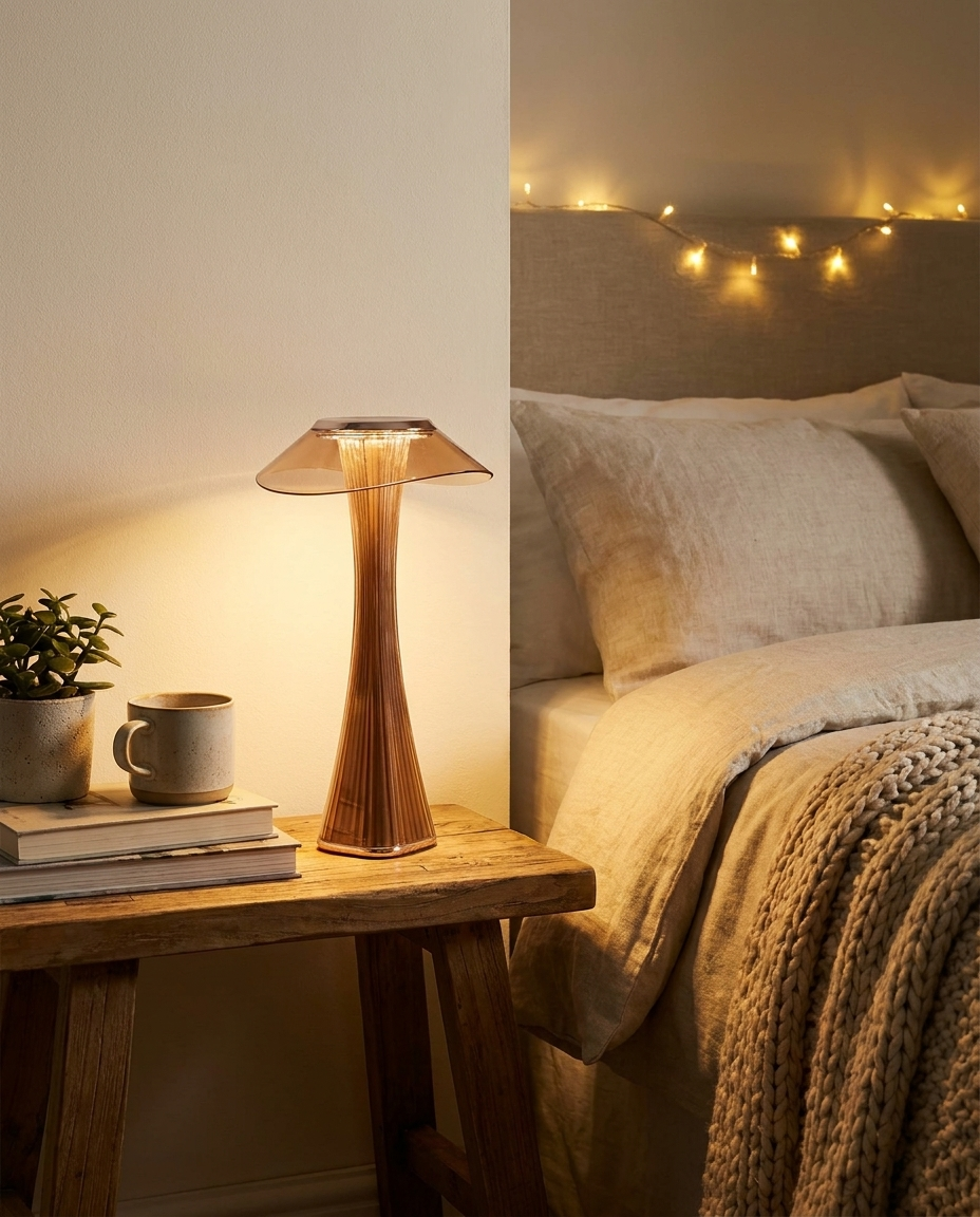 Stylish LED table lamp glowing on a bedside table