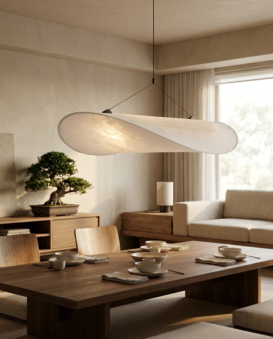 Japandi pendant light with ambient silk shade hanging over a wooden dining table