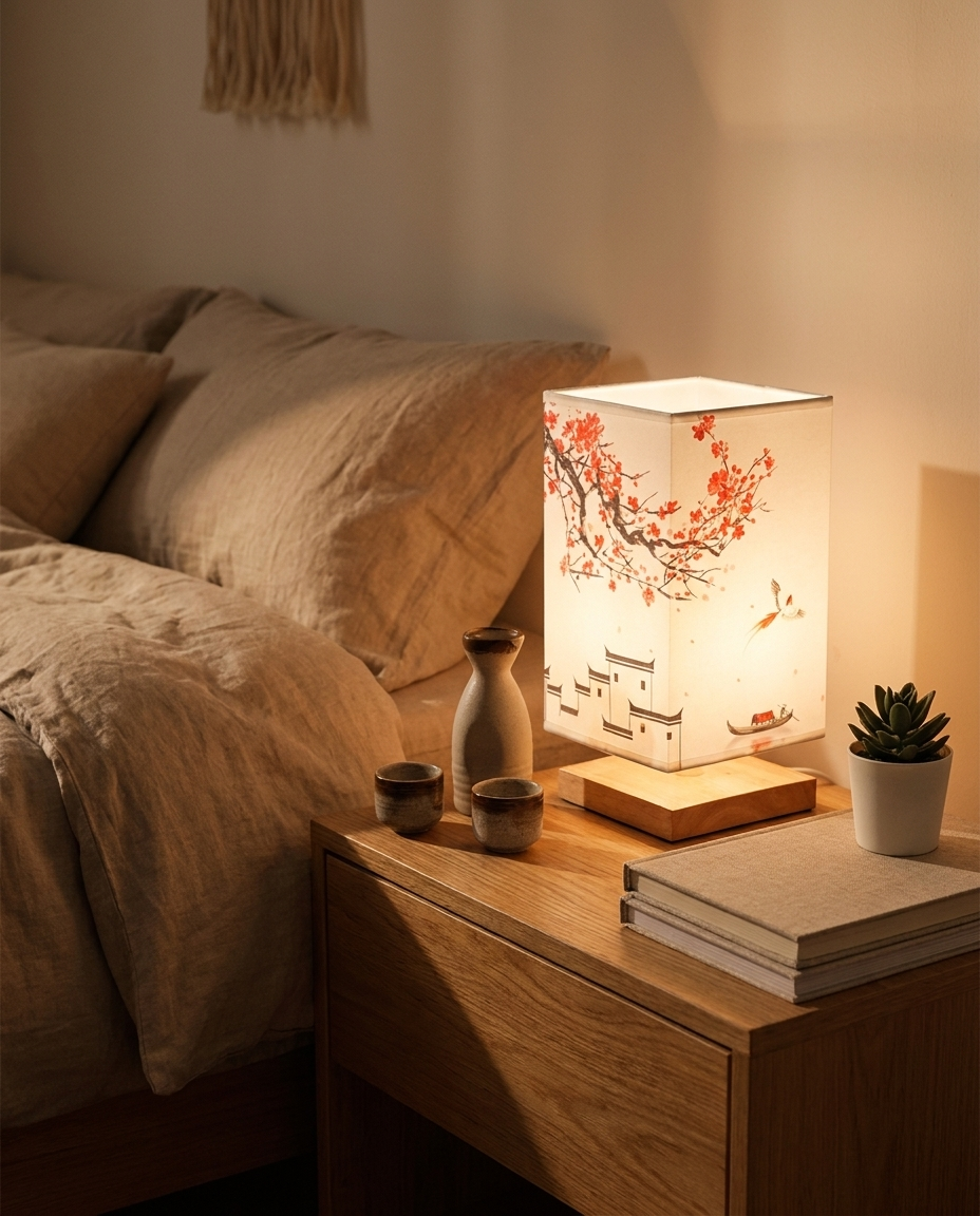 Scandinavian table lamp with soft glow and Japanese patterns on a bedroom nightstand