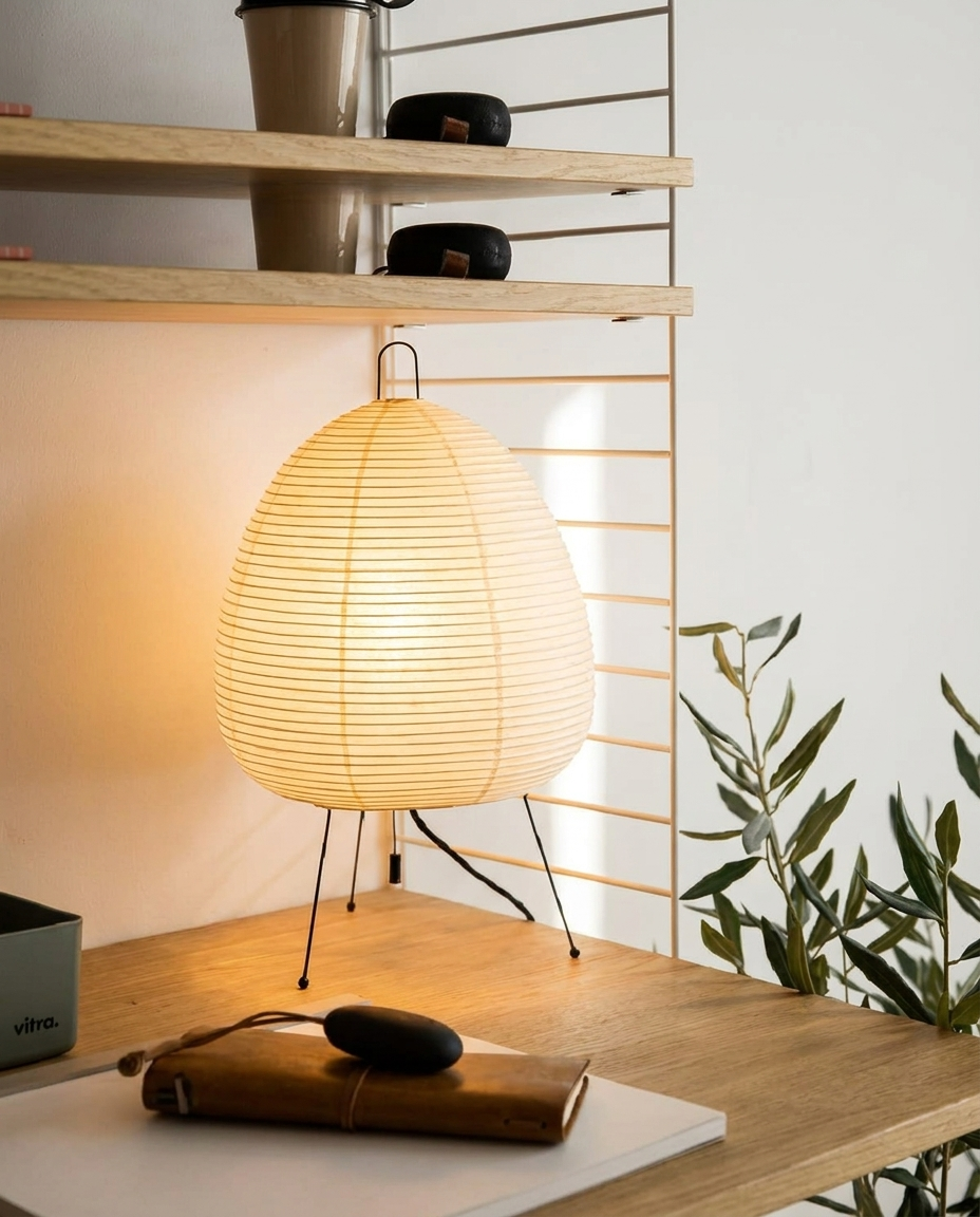 Japanese paper table lamp with soft warm light on a minimalist bedroom nightstand