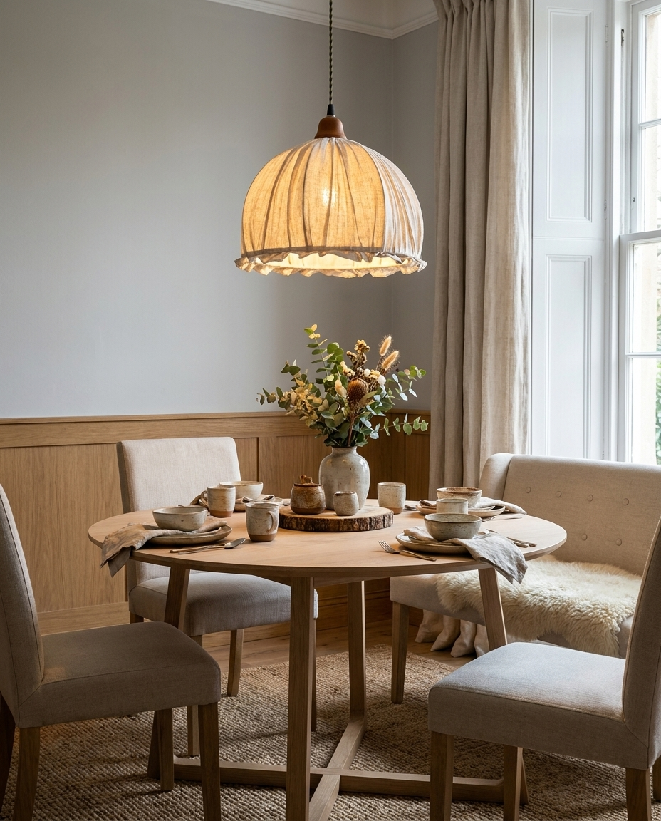 Scandinavian pendant light with chic fabric shade over a cozy dining nook