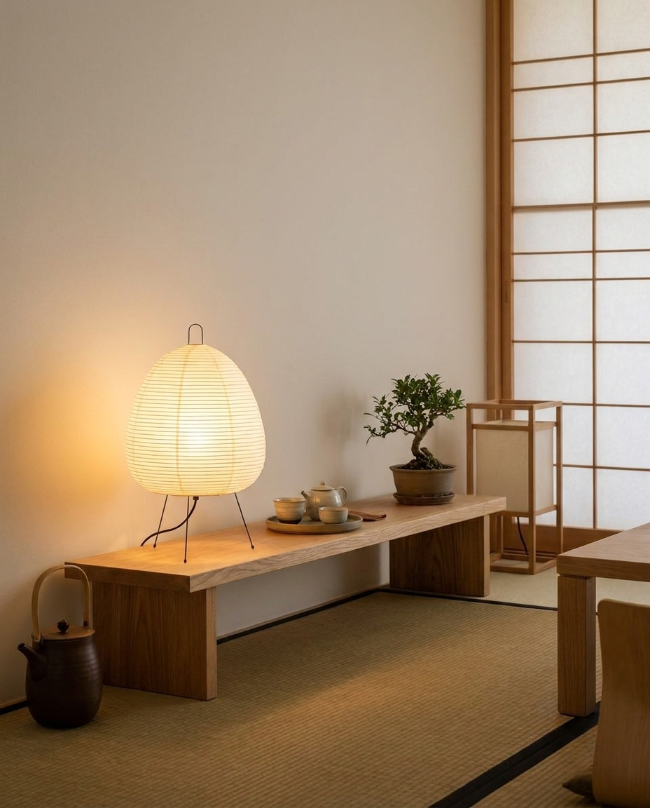 Japanese paper table lamp glowing on a low wooden shelf in a zen-inspired living room
