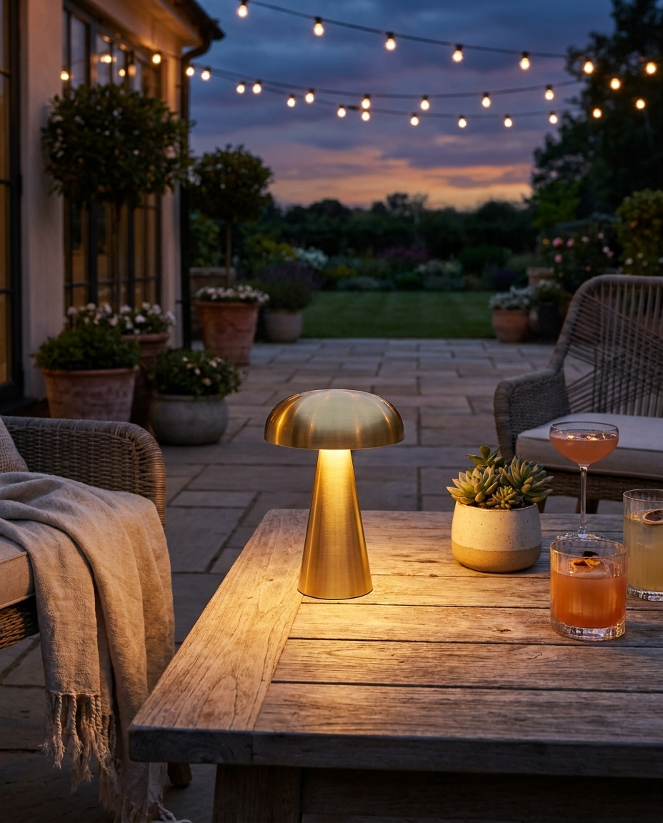 Elegant cordless rechargeable portable table lamp on an outdoor patio table at dusk
