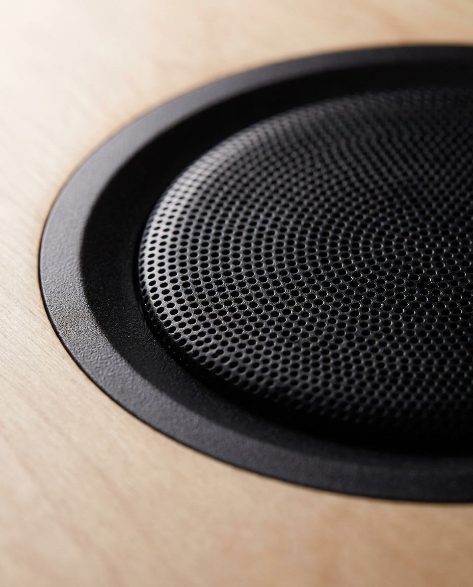 Close-up detail of the lamp's speaker grille and wireless charging pad finish