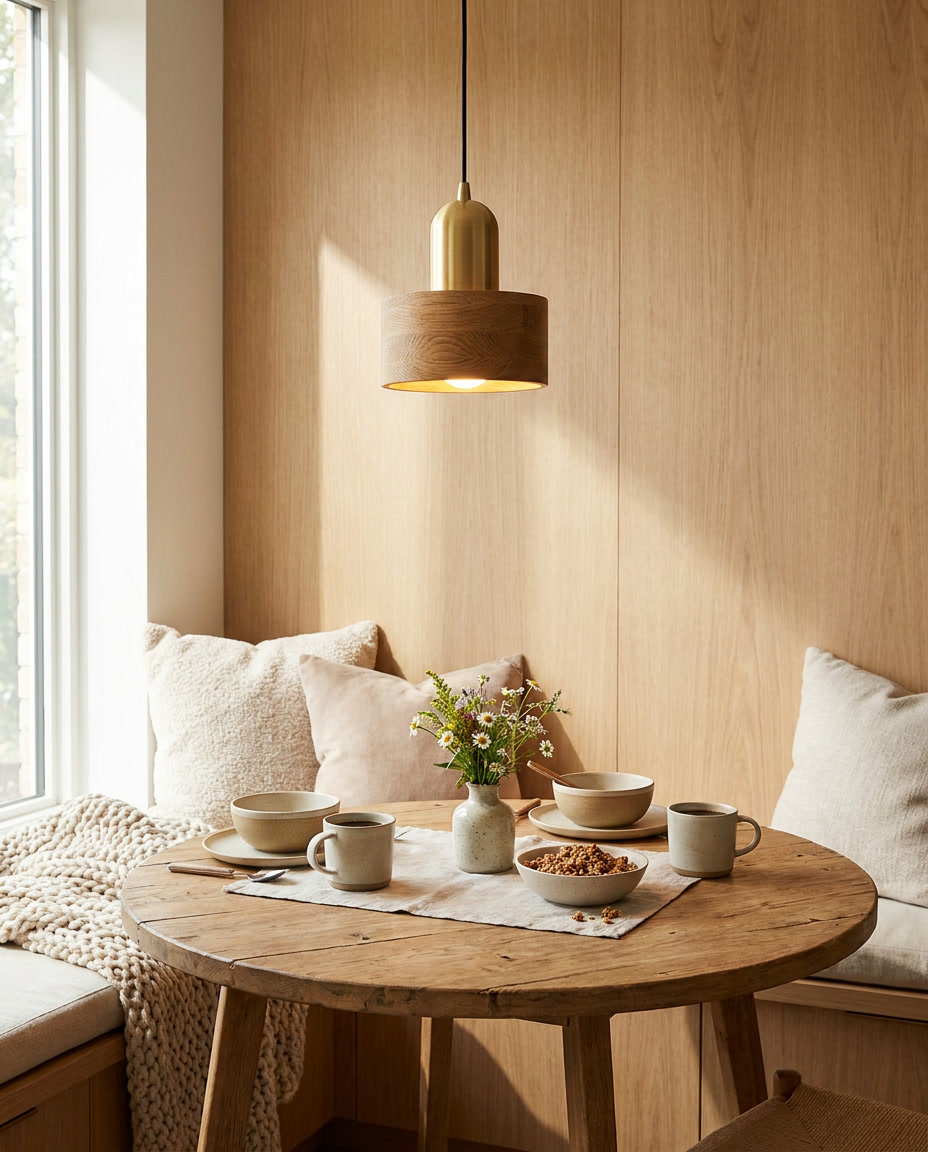 Oak wood pendant light hanging above a cozy breakfast nook