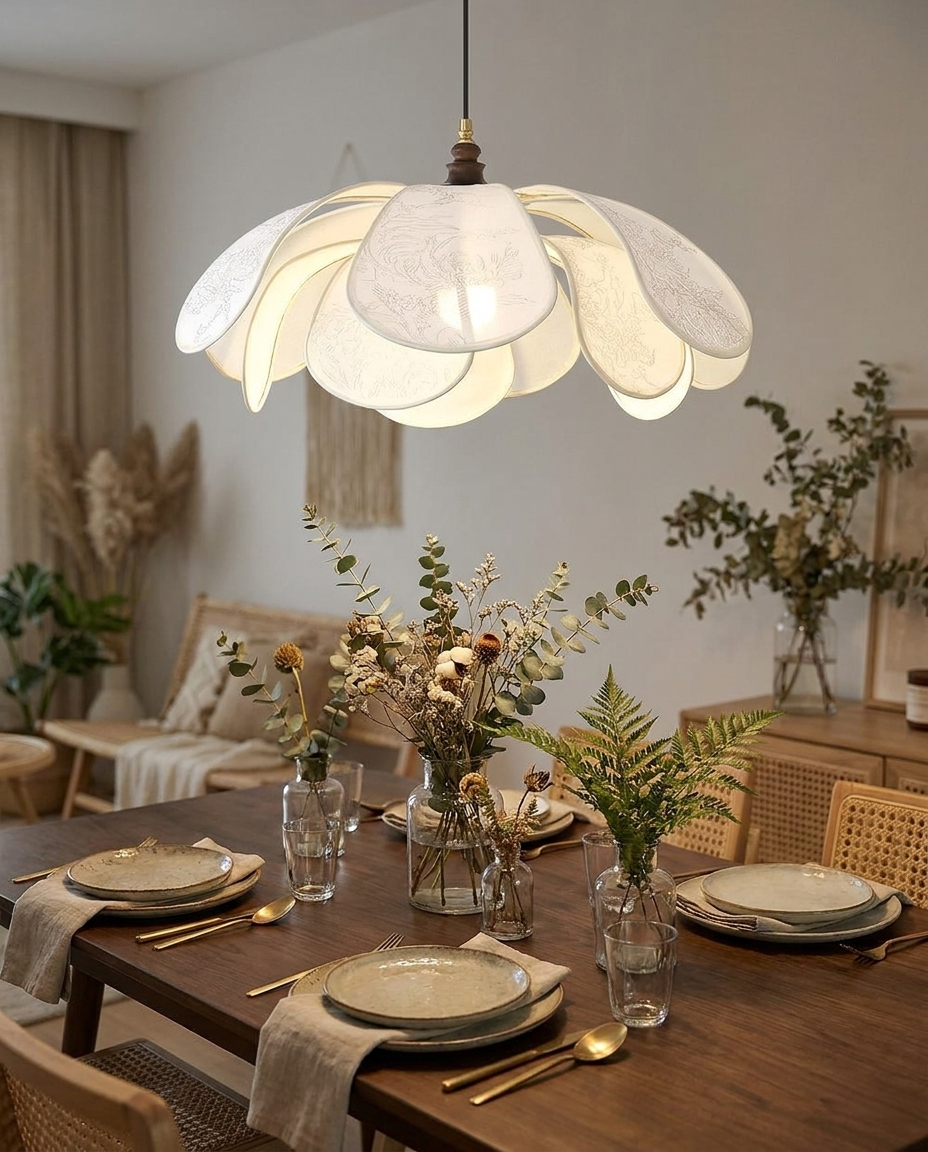 Elegant floral pendant light hanging above a chic dining table