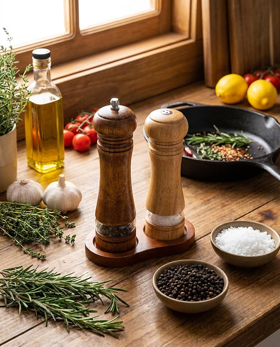 Classic wooden salt and pepper grinder set on a kitchen countertop