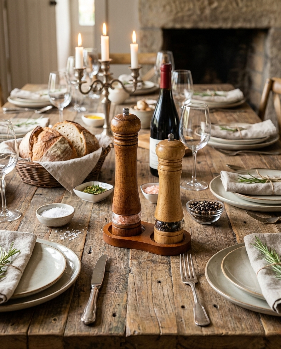 Wooden salt and pepper grinder set on a rustic dining table