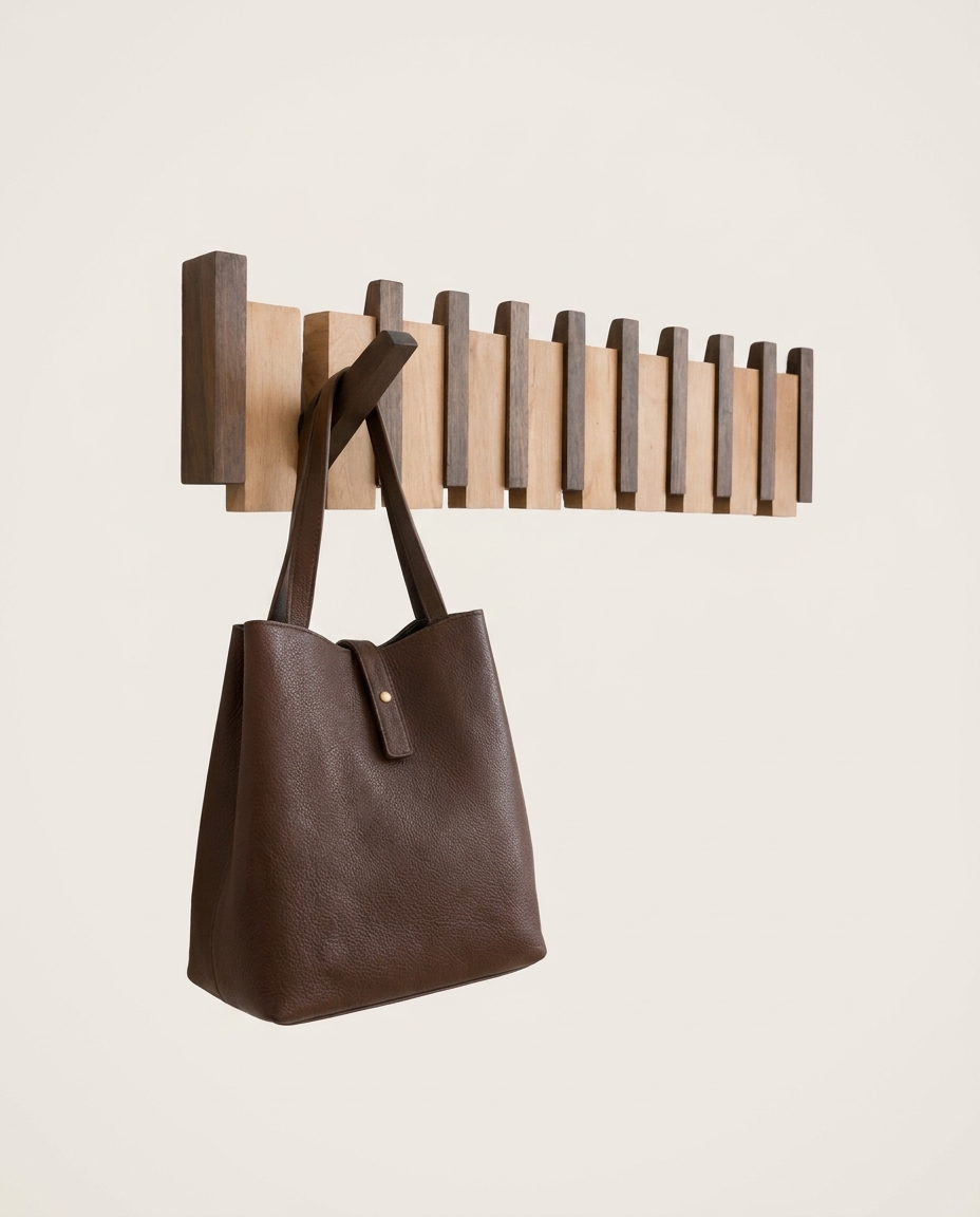Wall mounted wooden coat rack isolated on a clean neutral studio background
