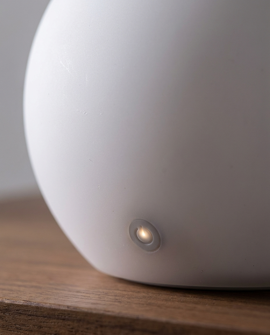 Close-up detail of the portable lamp's color LED control and surface finish