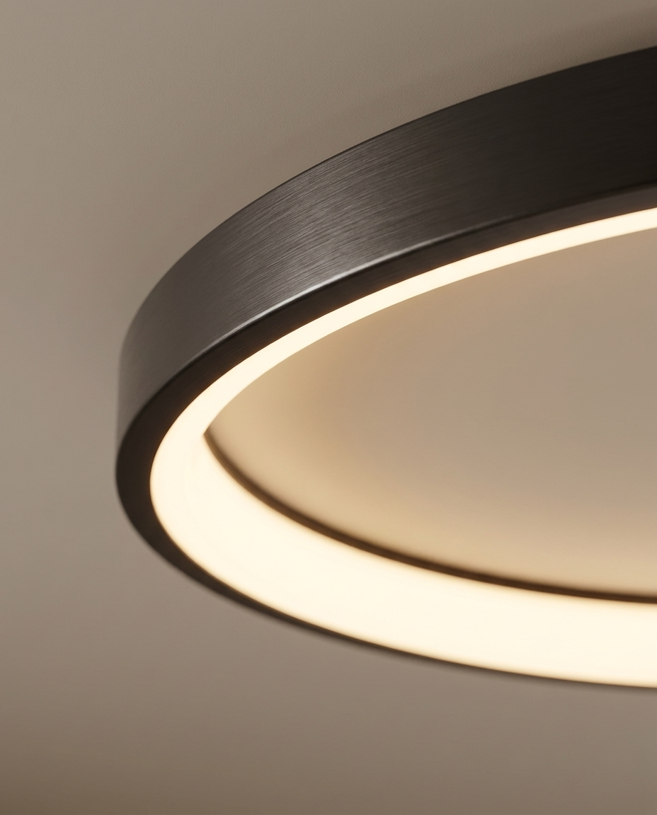 Close-up detail of the flush mount ceiling light fixture finish and integrated LED