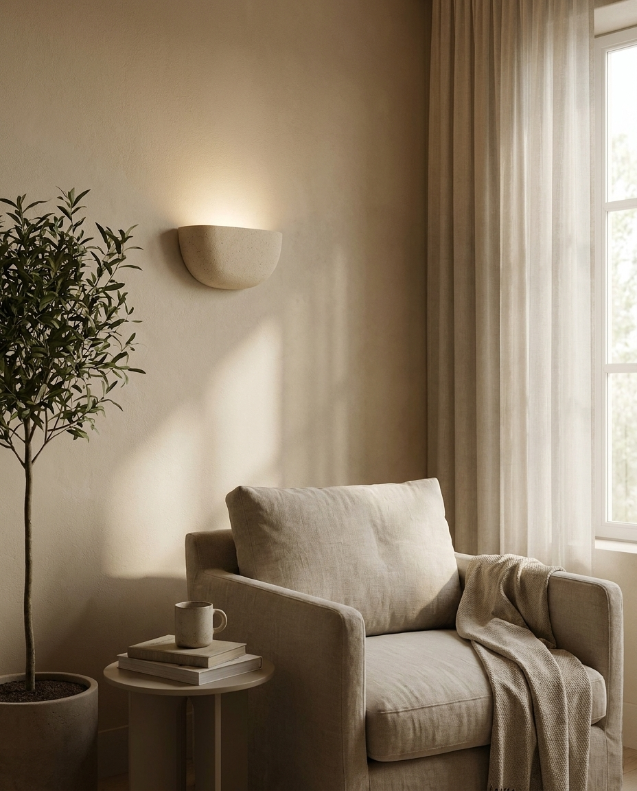 Minimalist half bowl wall light mounted beside a serene reading nook