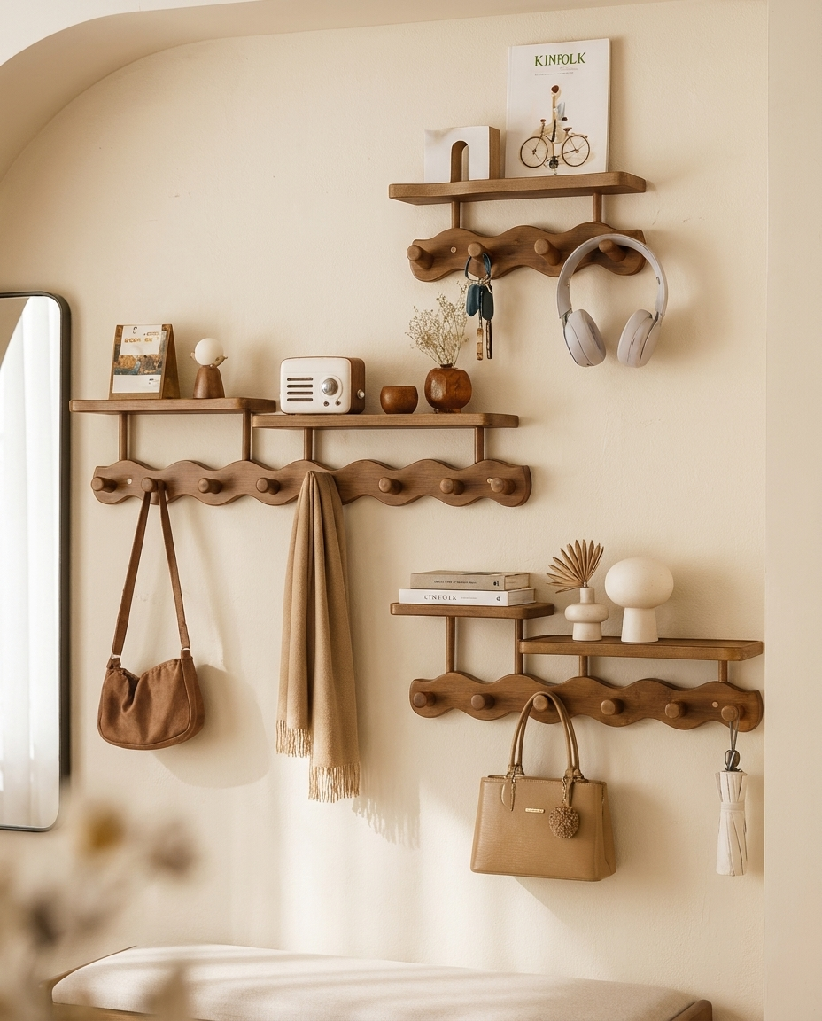 Bamboo wall mounted coat rack with shelf and hooks in a stylish organized entryway