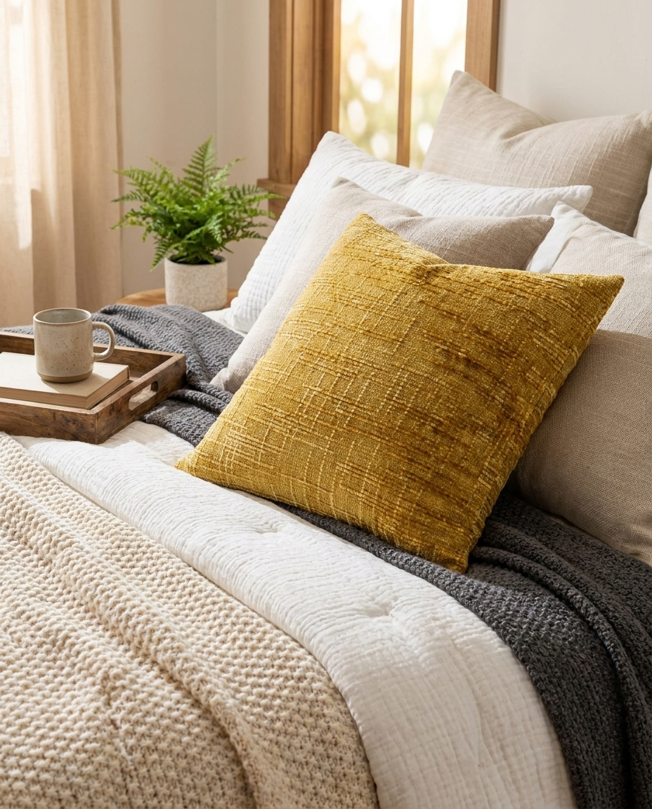 Chenille throw pillow with bamboo texture on a cozy bed with layered linens