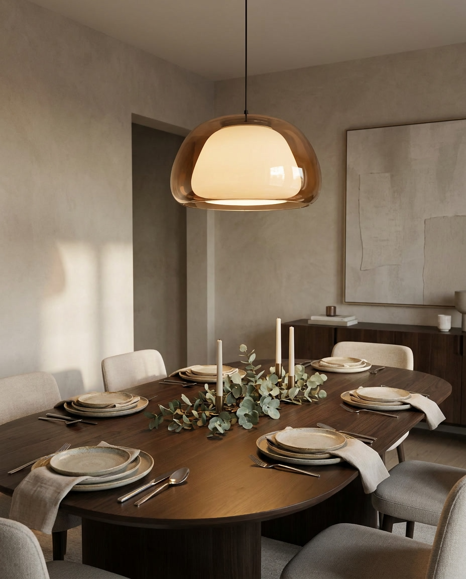 Contemporary glass dome pendant light hanging above an elegant dining table