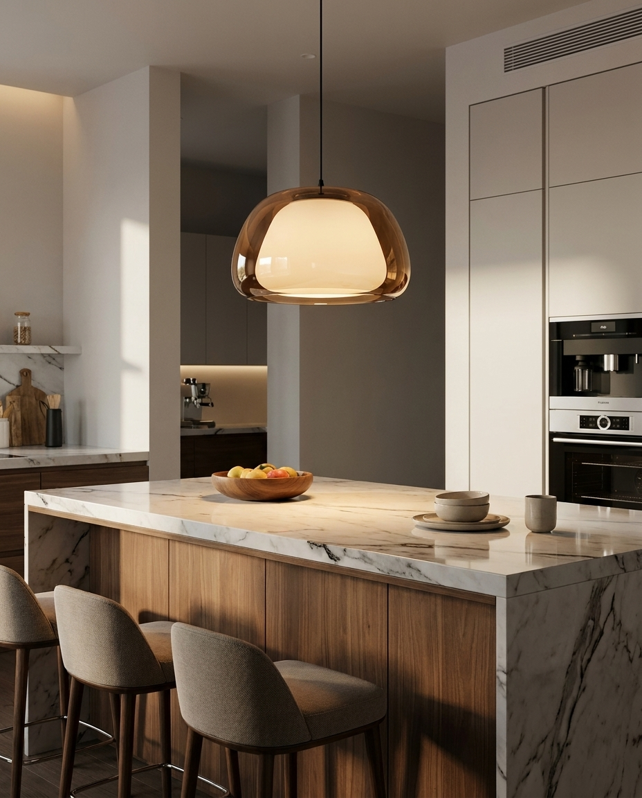 Contemporary glass pendant light with adjustable dome design over a modern kitchen island