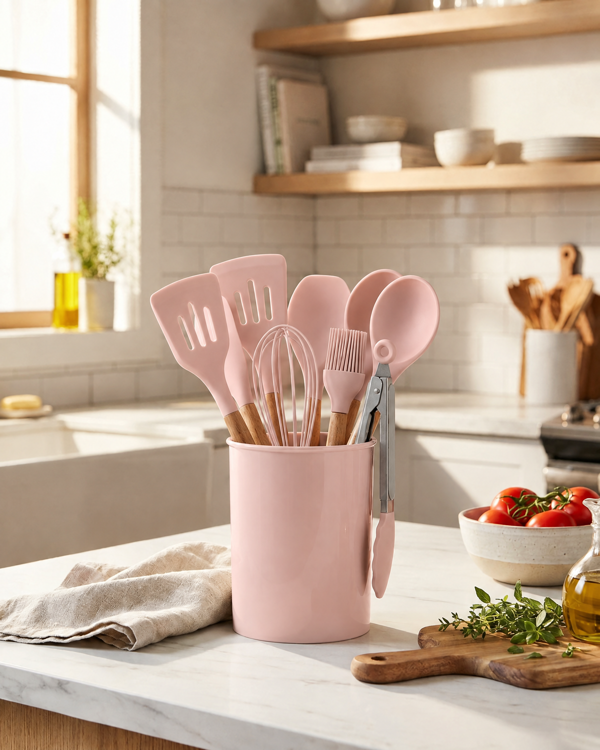 11-Piece Silicone Cooking Utensil Set | Wooden Handles — Pink