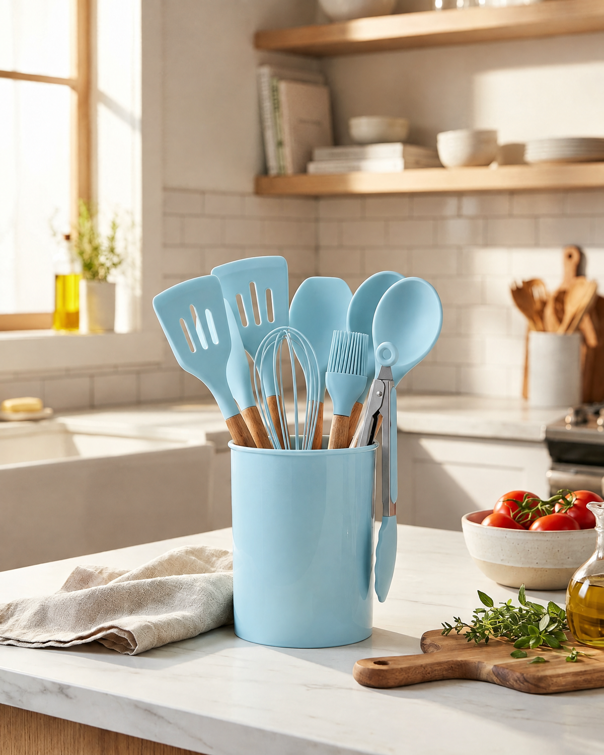 11-Piece Silicone Cooking Utensil Set | Wooden Handles — Aqua