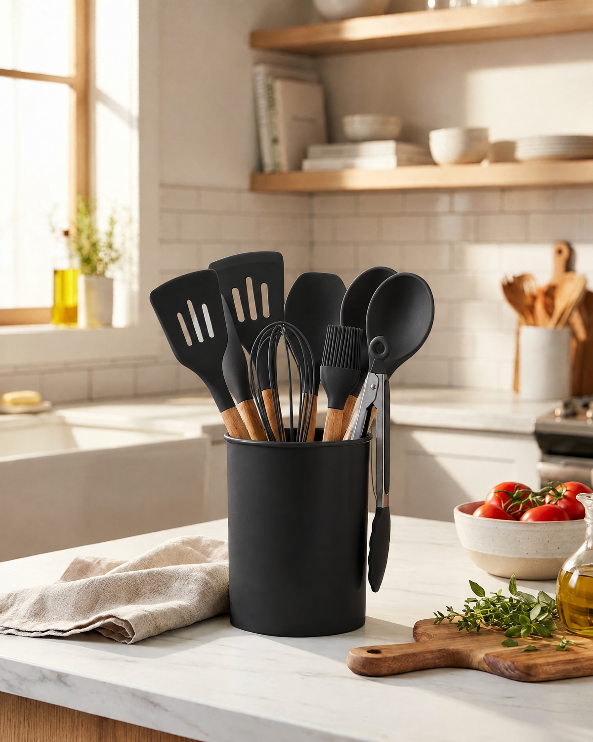 11-Piece Silicone Cooking Utensil Set | Wooden Handles — Black