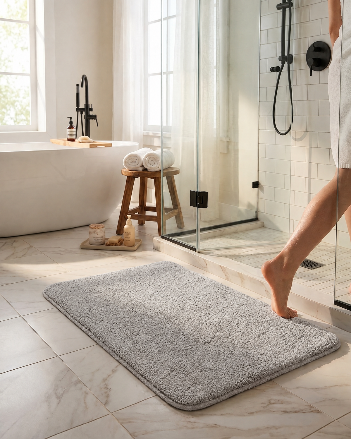 Plush Non-Slip Bath Mat | Absorbent Bathroom Safety Mat — Grey