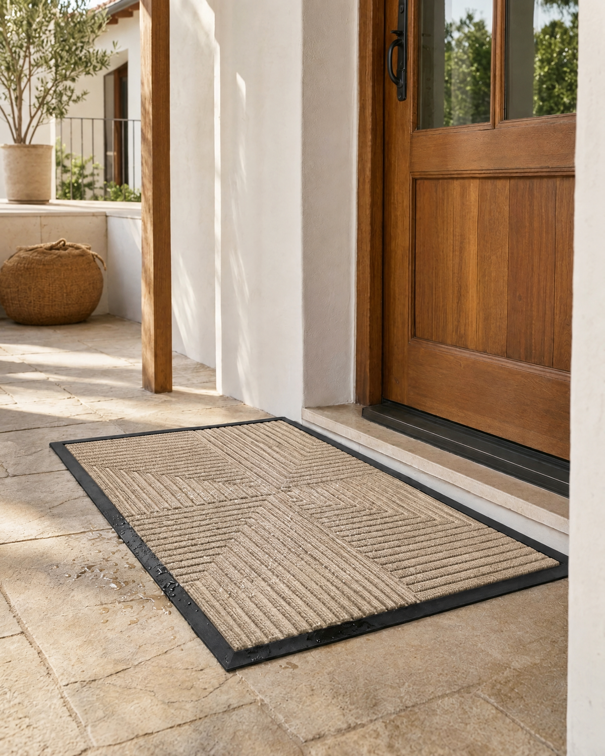 Anti-Slip Doormat | Heavy-Duty Waterproof Striped Entrance Mat — Beige