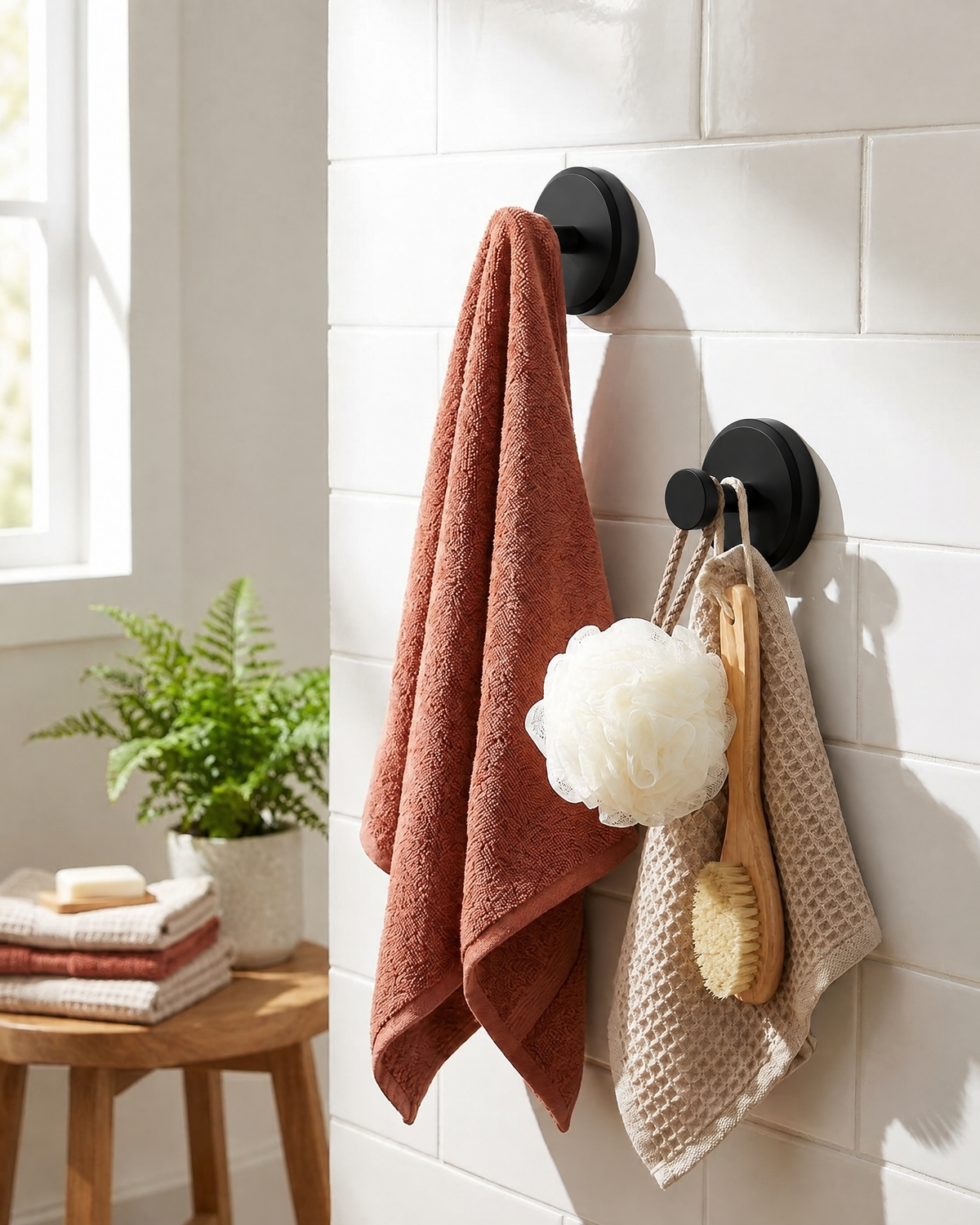 Suction Wall Hooks | No-Drill 4-Pack Organiser — Matte Black