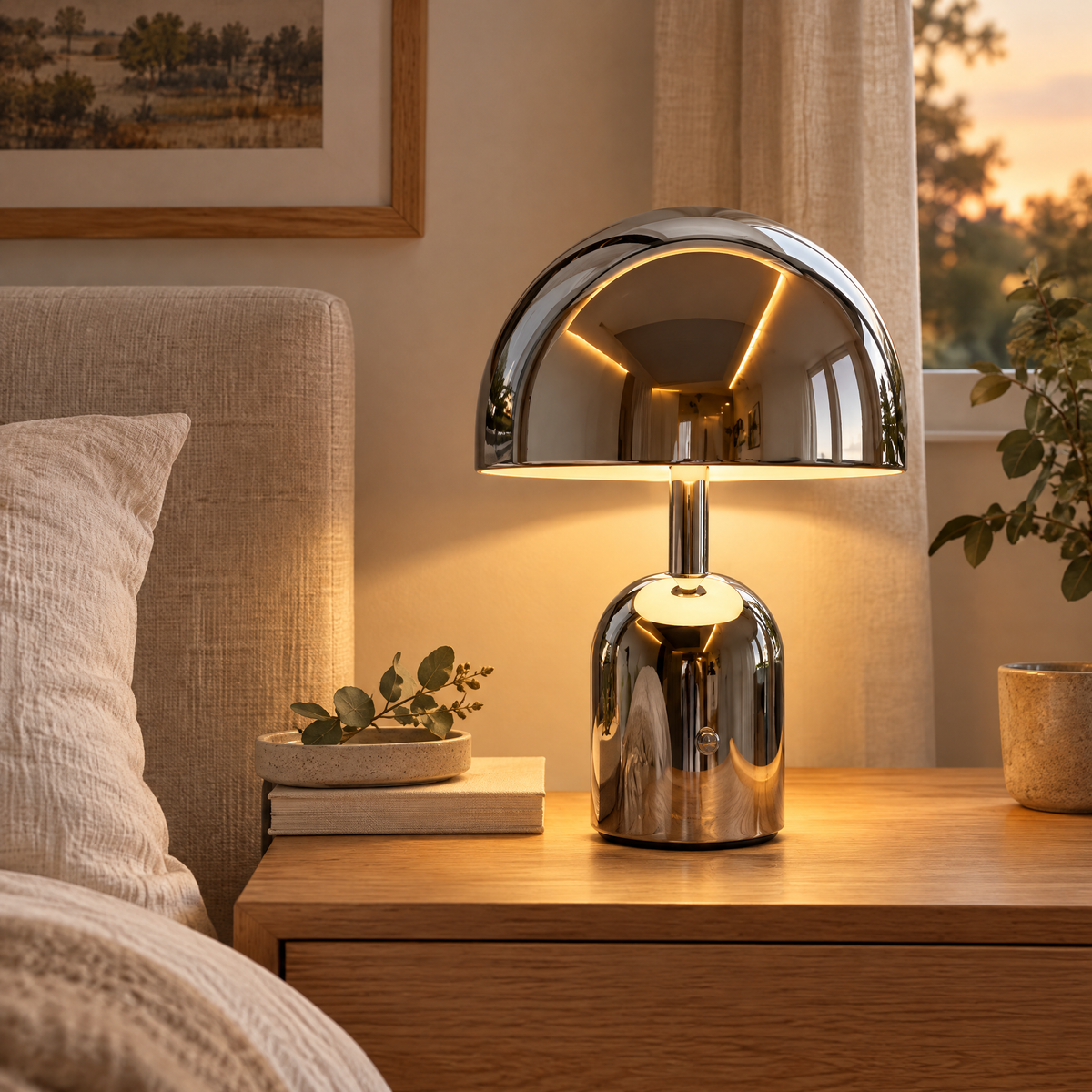 Retro mushroom table lamp on a bedside table
