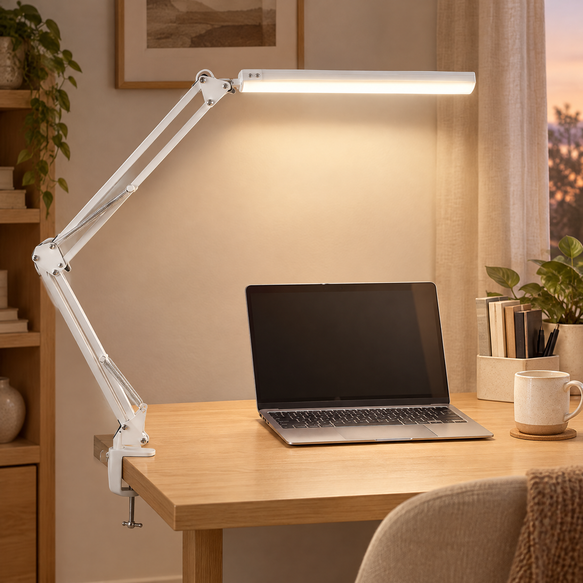 White swing arm LED desk lamp on a home desk