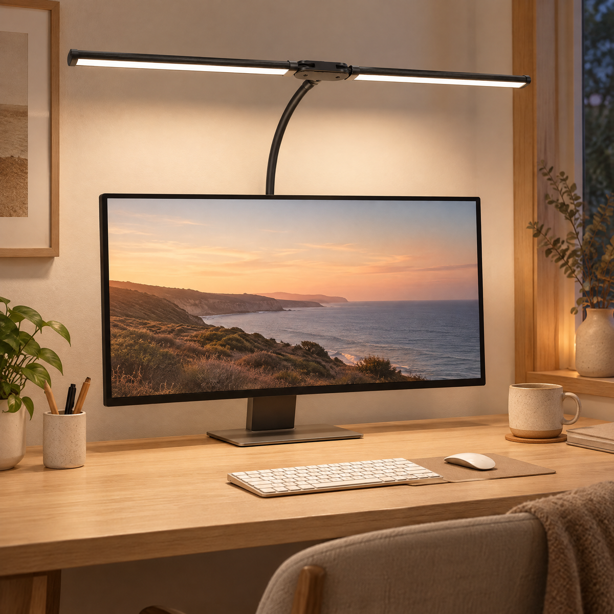 Double-head clamp desk lamp on a home office desk