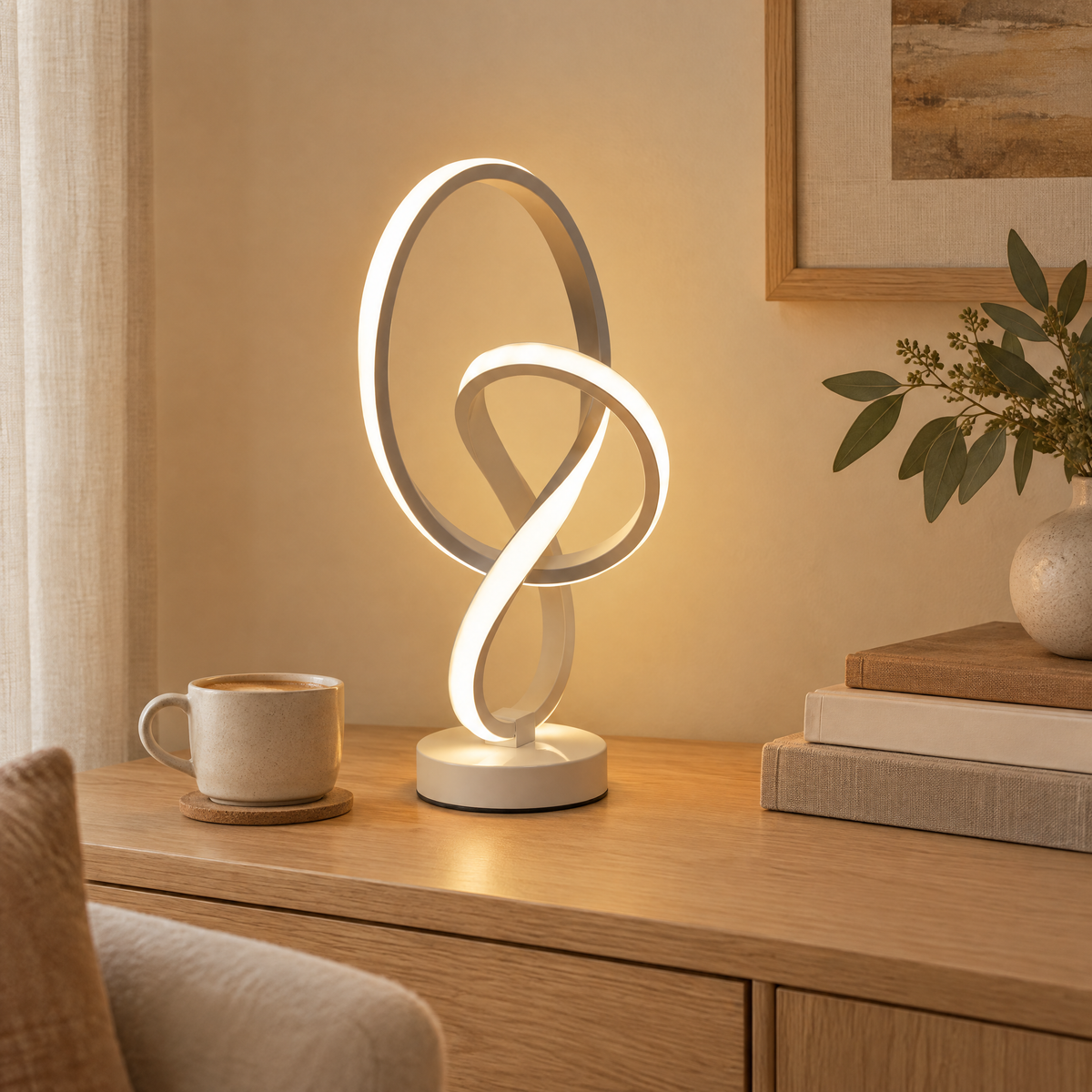 White double helix lamp on a sideboard