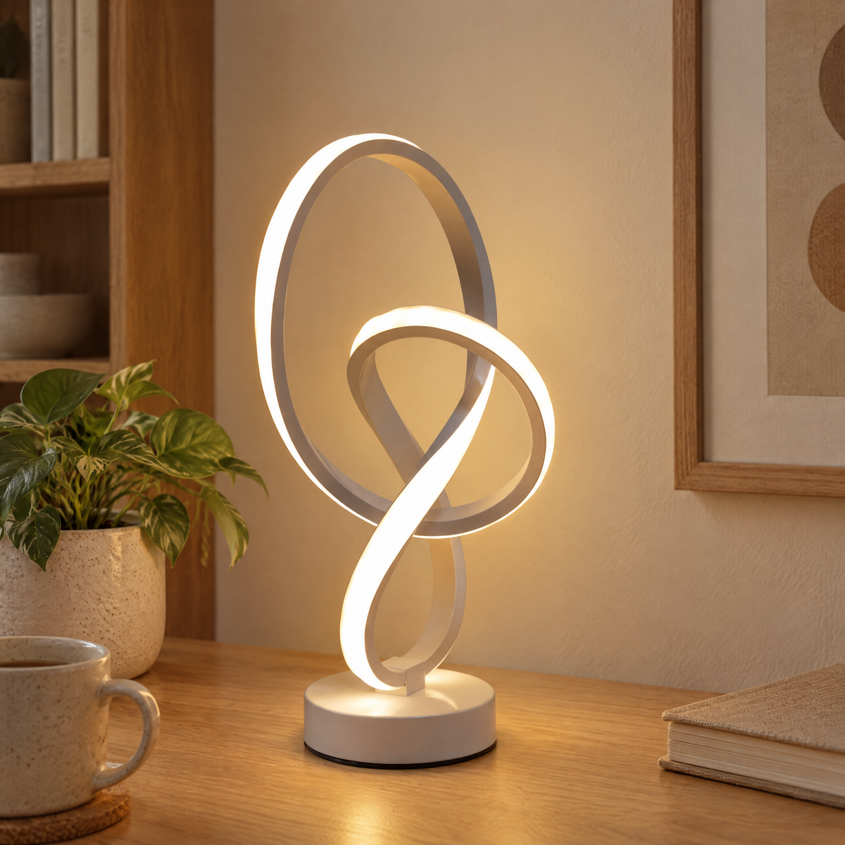 White double helix lamp on a study desk