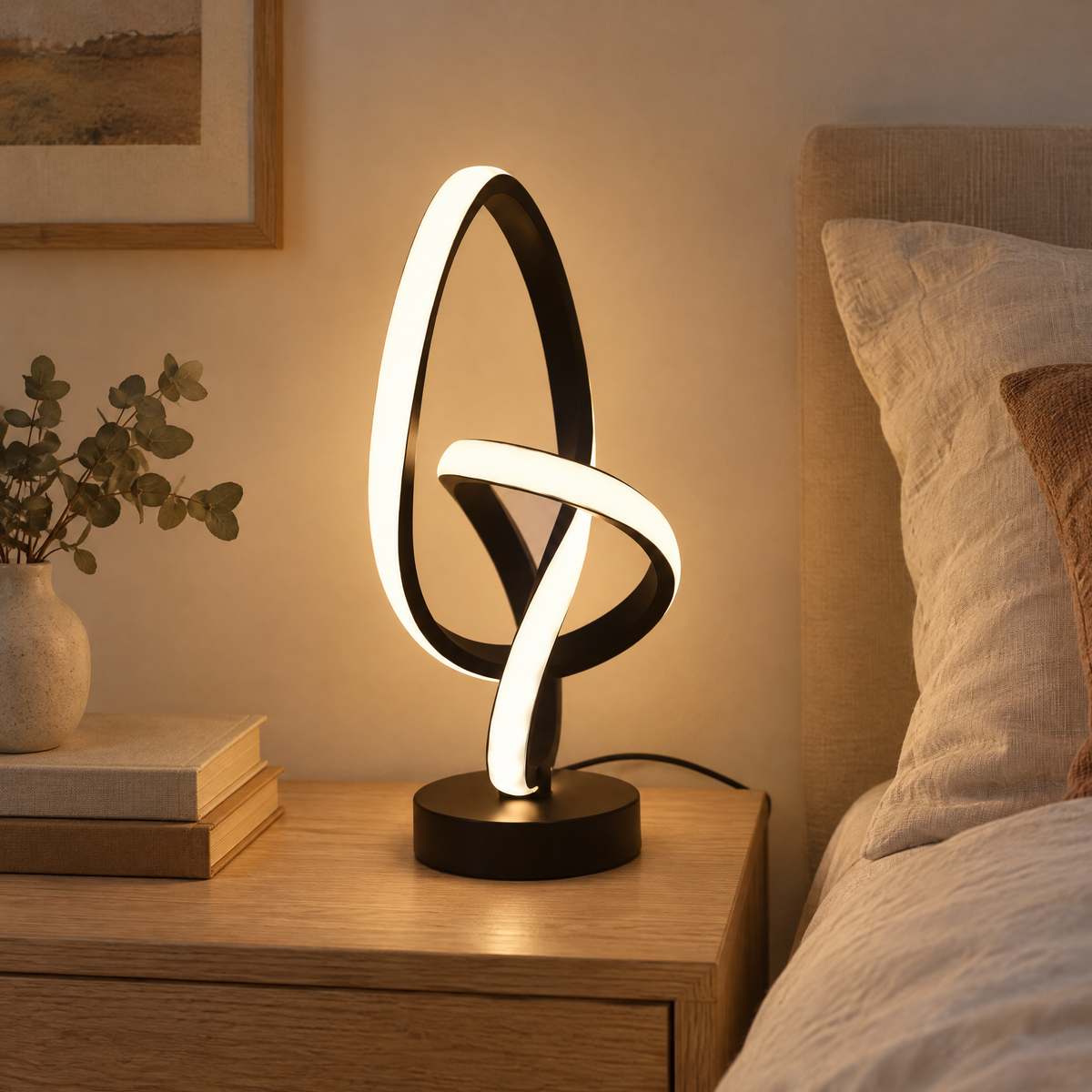 Black double helix lamp on a bedside table