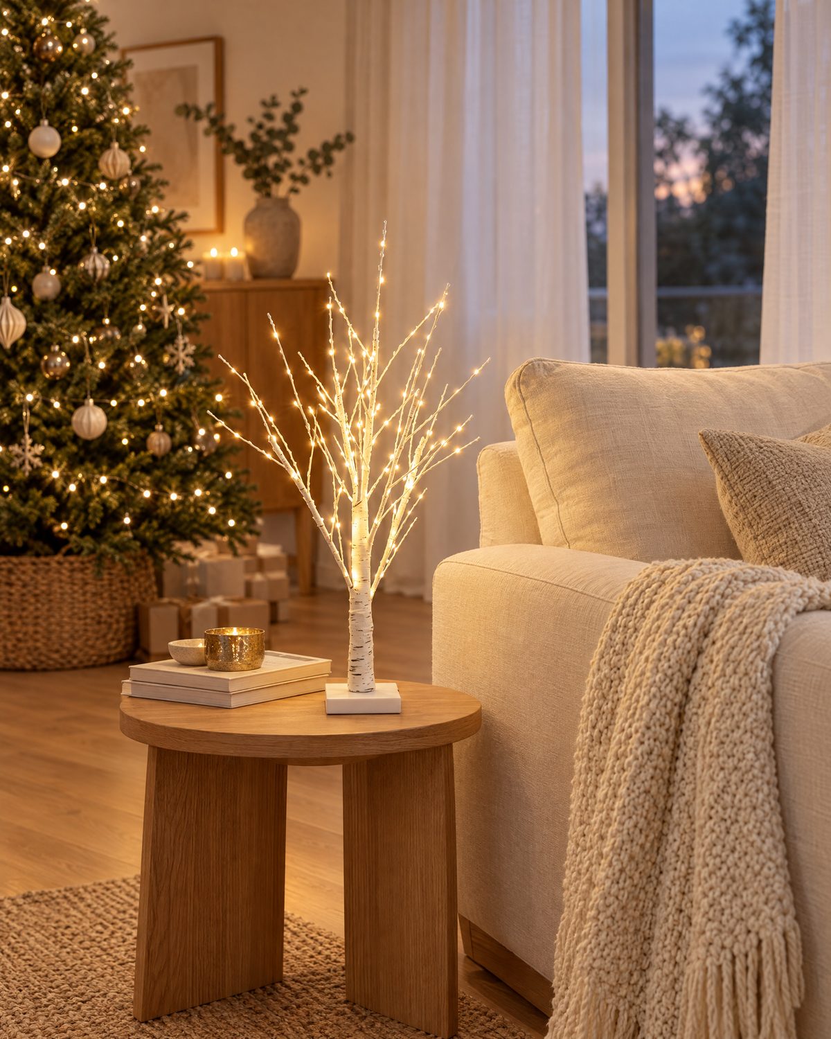 LED birch tree on a side table beside a linen sofa in a Christmas living room