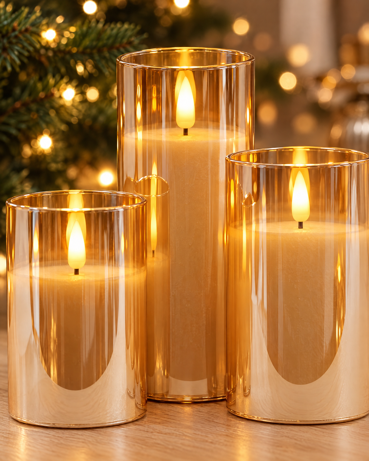 Amber gold glass LED candles with real wax and flickering flame