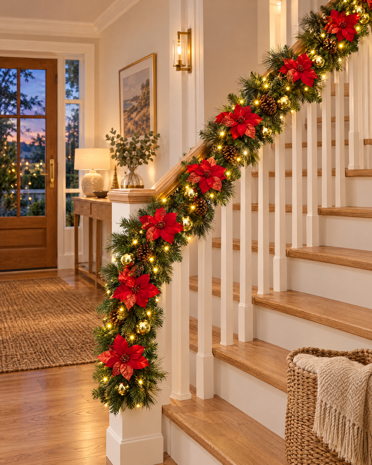Pre-lit poinsettia garland on a staircase handrail