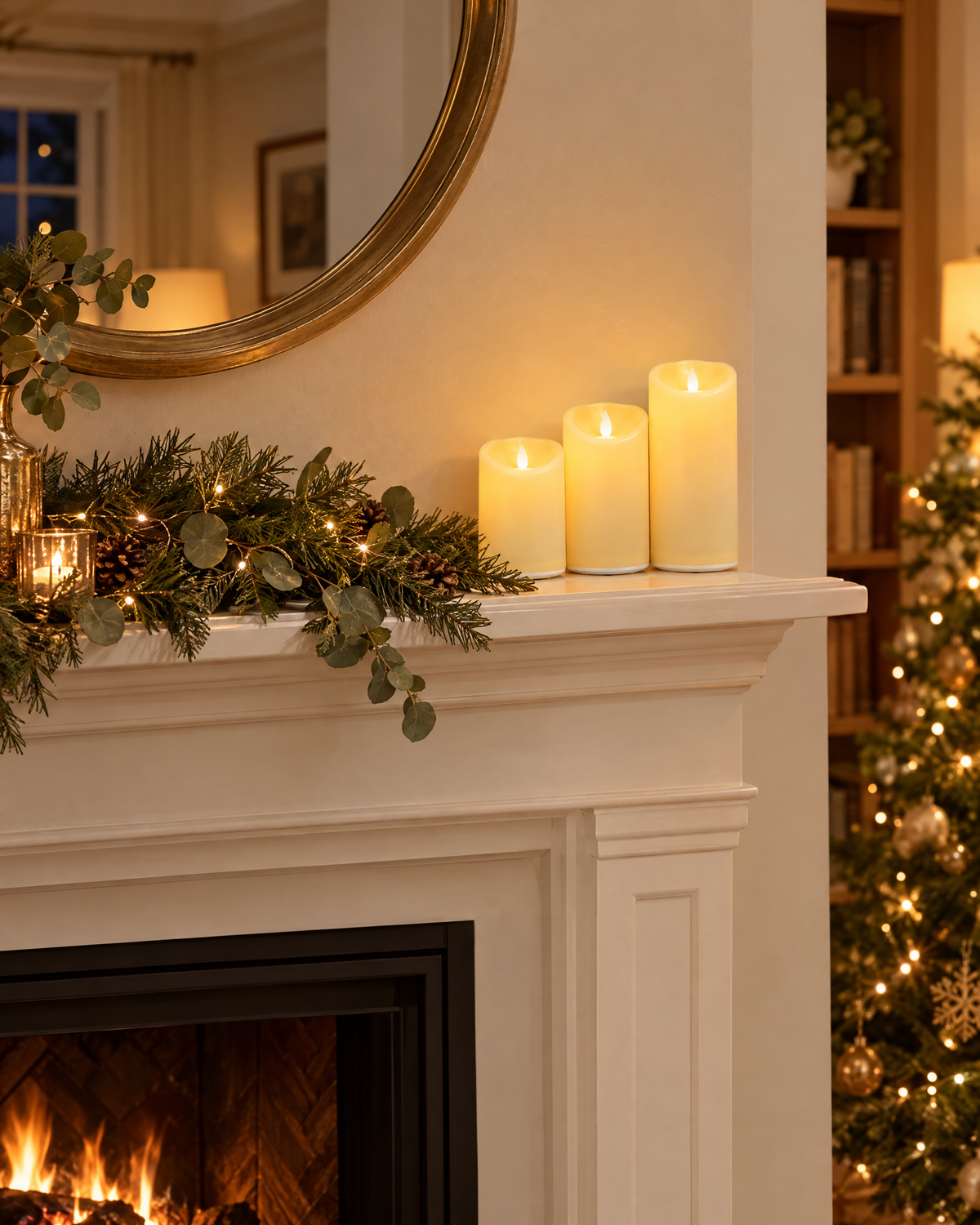 Flameless LED candles on a Christmas mantel
